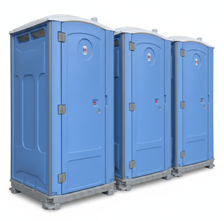 Three blue portable toilets on a white background