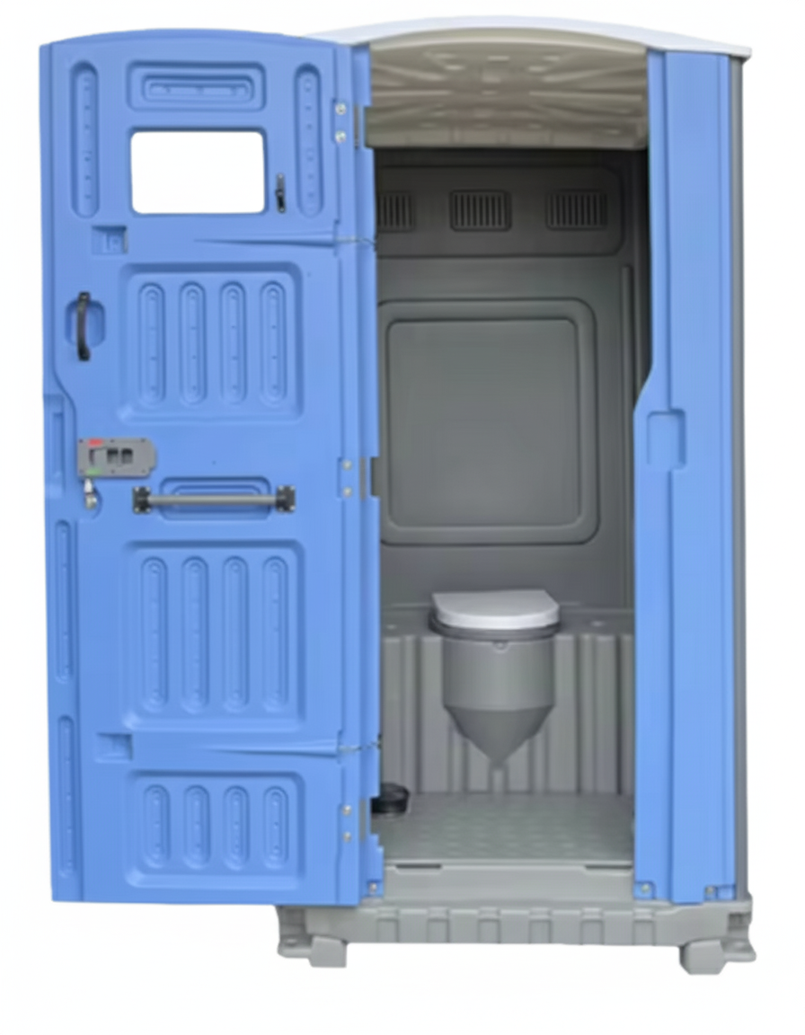 Portable toilet with blue door open on a white background