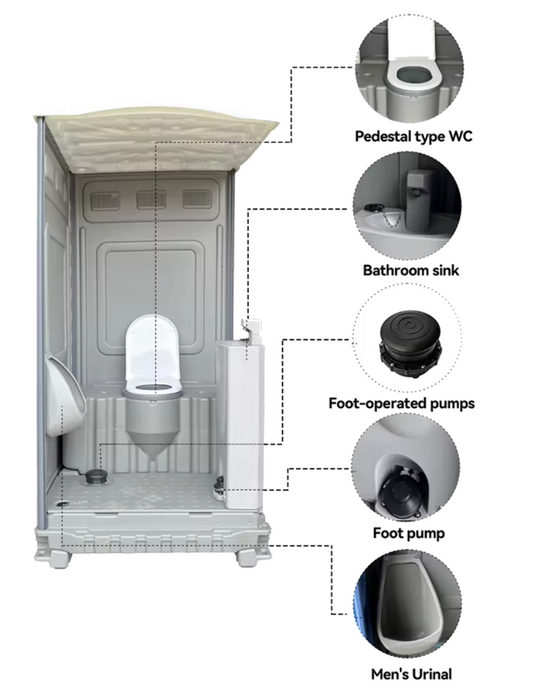 Diagram of a portable toilet unit with labeled components on a white background