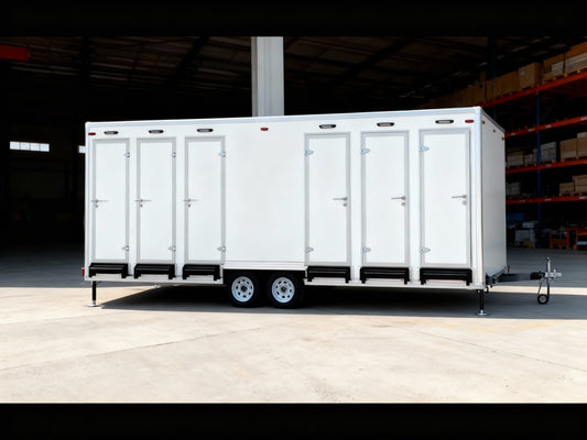 Luxury 6 Person Restroom Trailer in a warehouse