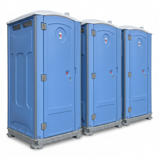 Three blue portable toilets on a white background